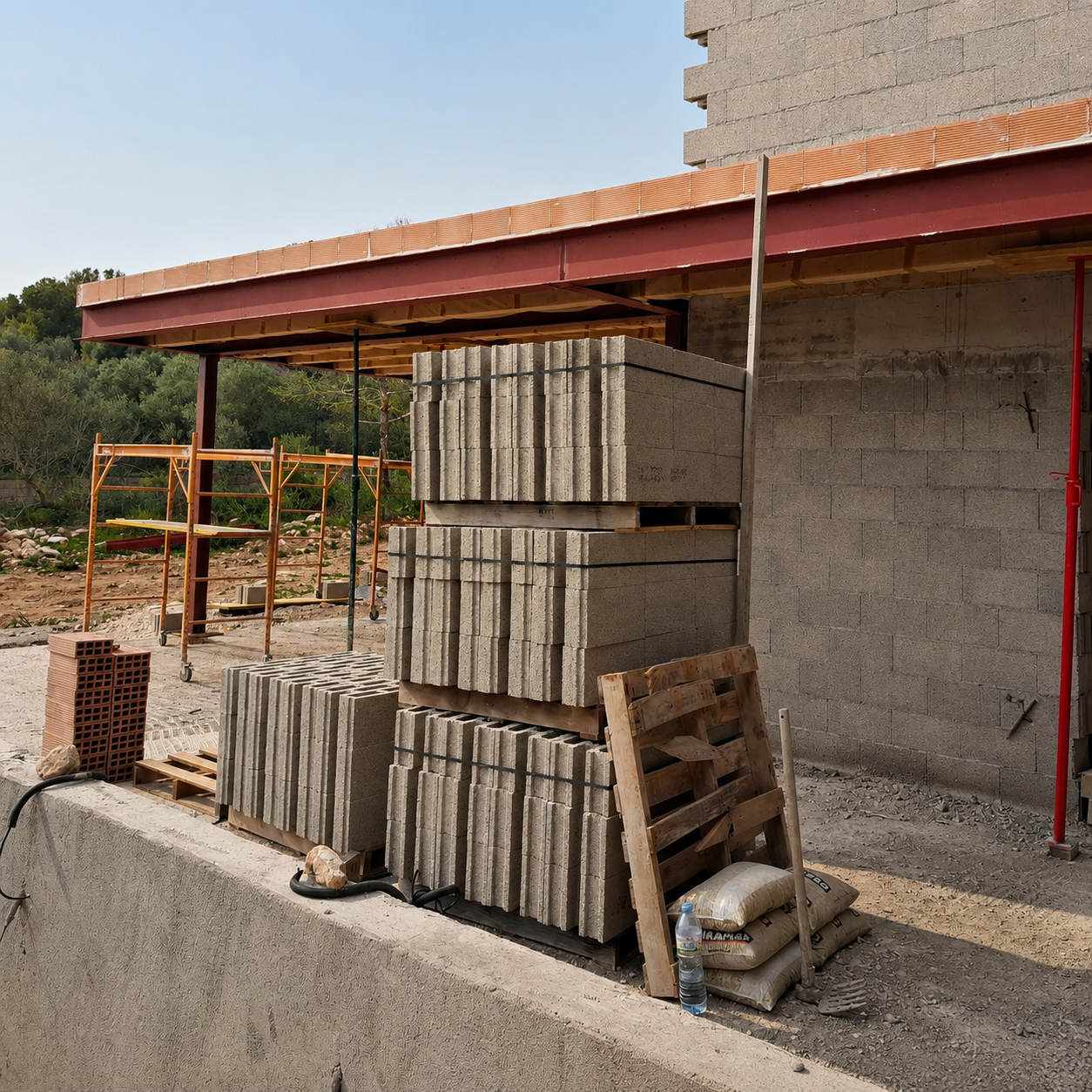 Materiales de construcción organizados en obra